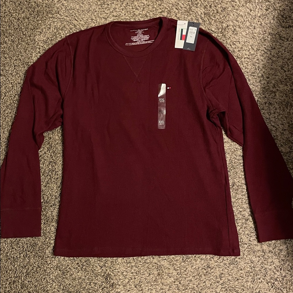 Tommy Hilfiger Men's Waffle-Knit Long-Sleeve Crewneck Thermal Top in port color